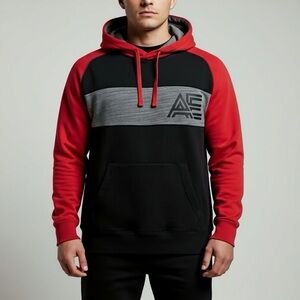 American Eagle Outfitters Colorblock Red & Black Men's Cotton Hoodie Raglan XXL